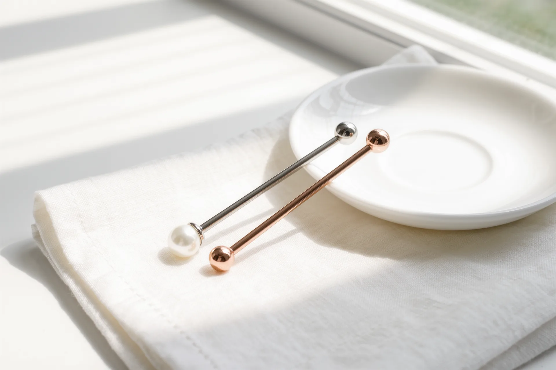 Gerader Titanstab und roségoldener Barbell für ein Brustwarzenpiercing auf hellem Marmor.