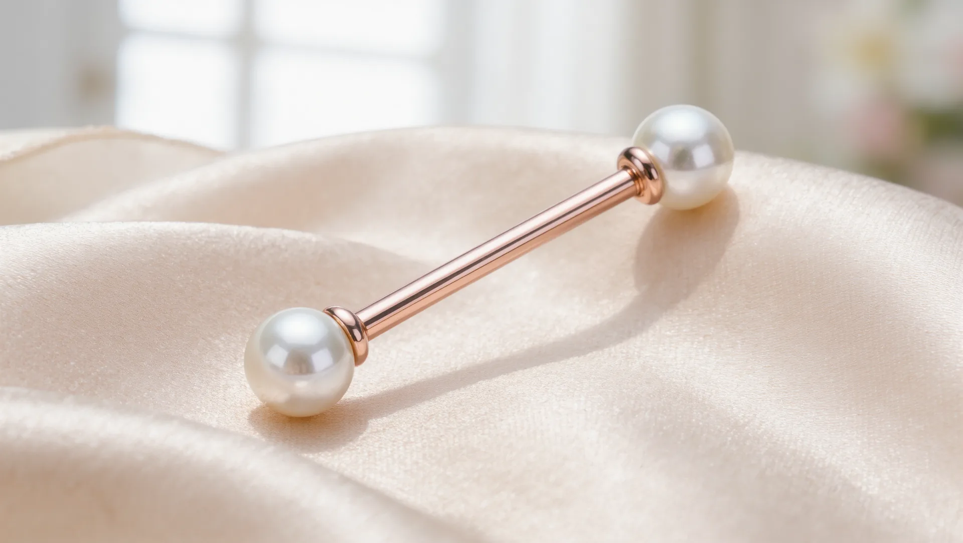 Roségoldener Titan-Barbell mit Perlen auf elfenbeinfarbener Seide