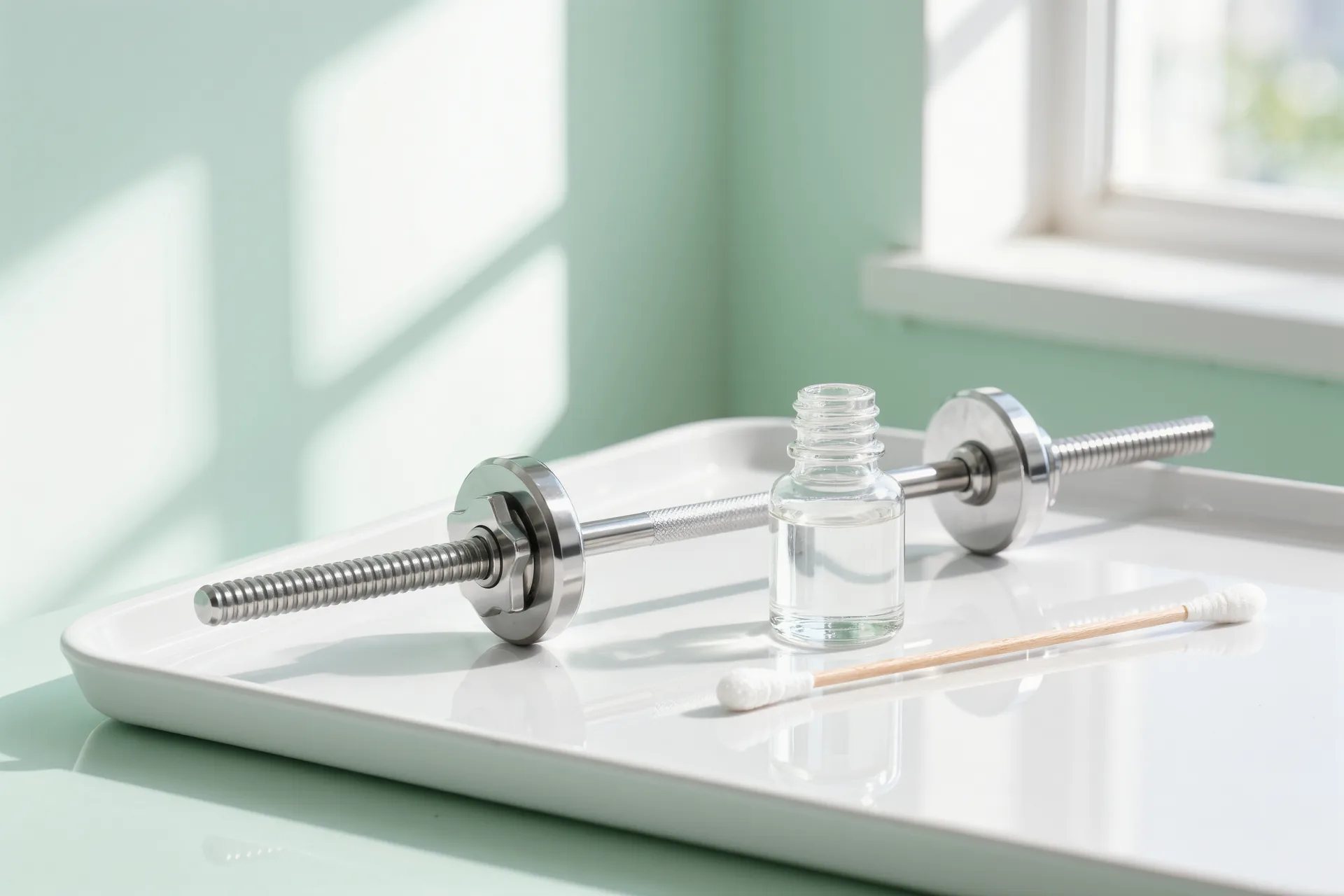 Drei hochglanzpolierte Piercingschmuckstücke aus Titan, blau anodisiertem Niob und Roségold auf elfenbeinfarbener Seide im Tageslicht.