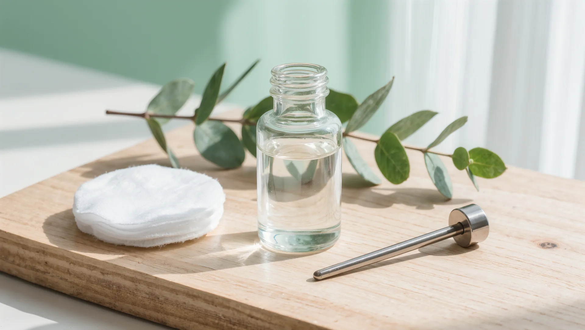 Kleine Glasflasche mit Kochsalzlösung, Wattepads und ein Titan-Barbell auf hellem Birkenholz