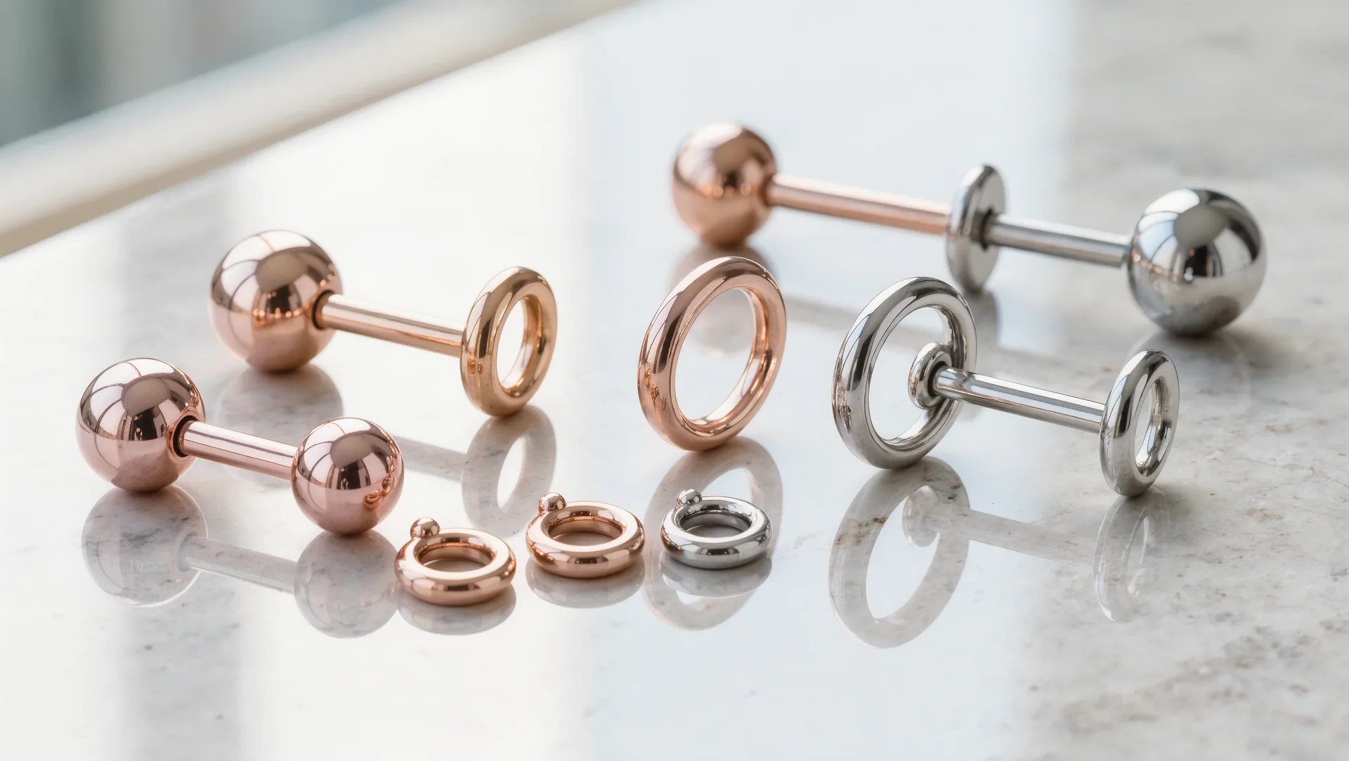 Polierte Titan-Barbells und kleine Ringe in Roségold und Silber auf hellem Marmor