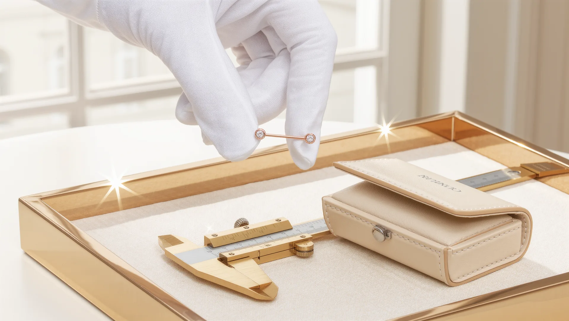 Behandschuhte Hand hält einen Roségold-Barbell über einem Leinentablett mit Messlehre und Schmucketui