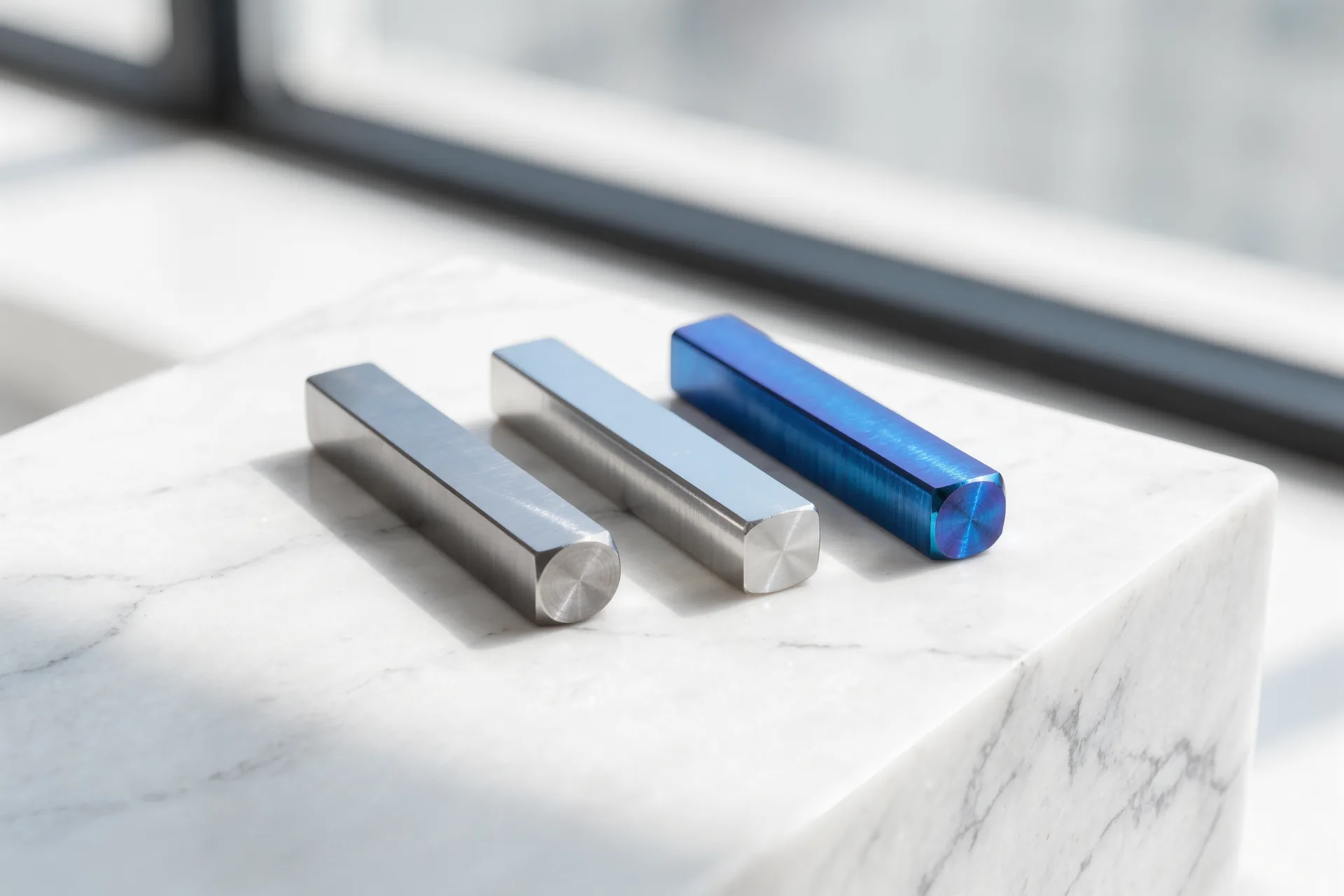 Drei polierte Barbells aus roségold anodisiertem Titan, Implantatstahl und blau schimmerndem Niob auf hellem Marmor.